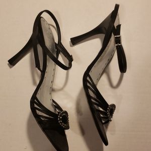 EUC - BCBGirls Sexy Black Satin Rhinestones Heels